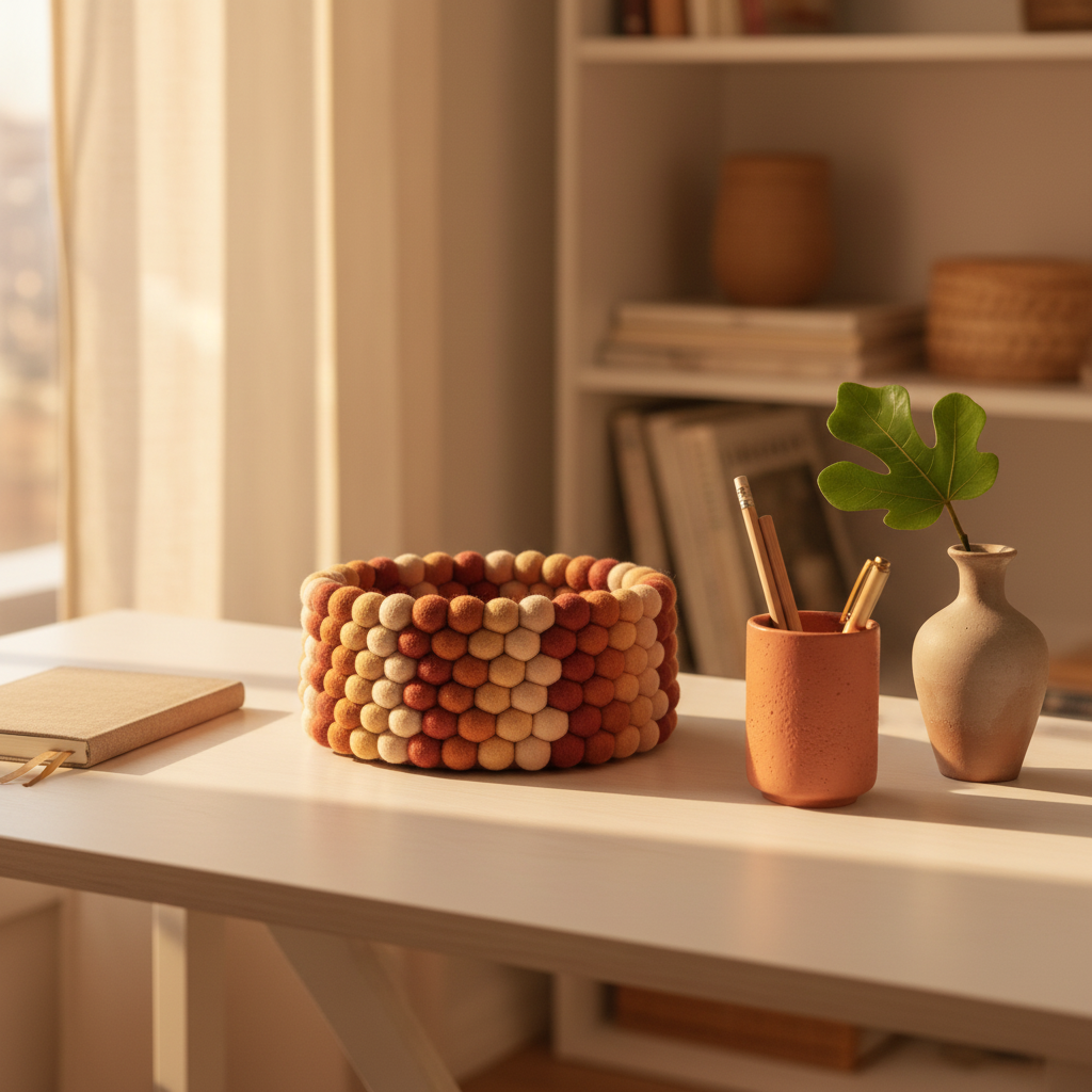Corbeille terracotta en feutre mérinos sur un bureau naturel chaleureux – CELAINEDECO