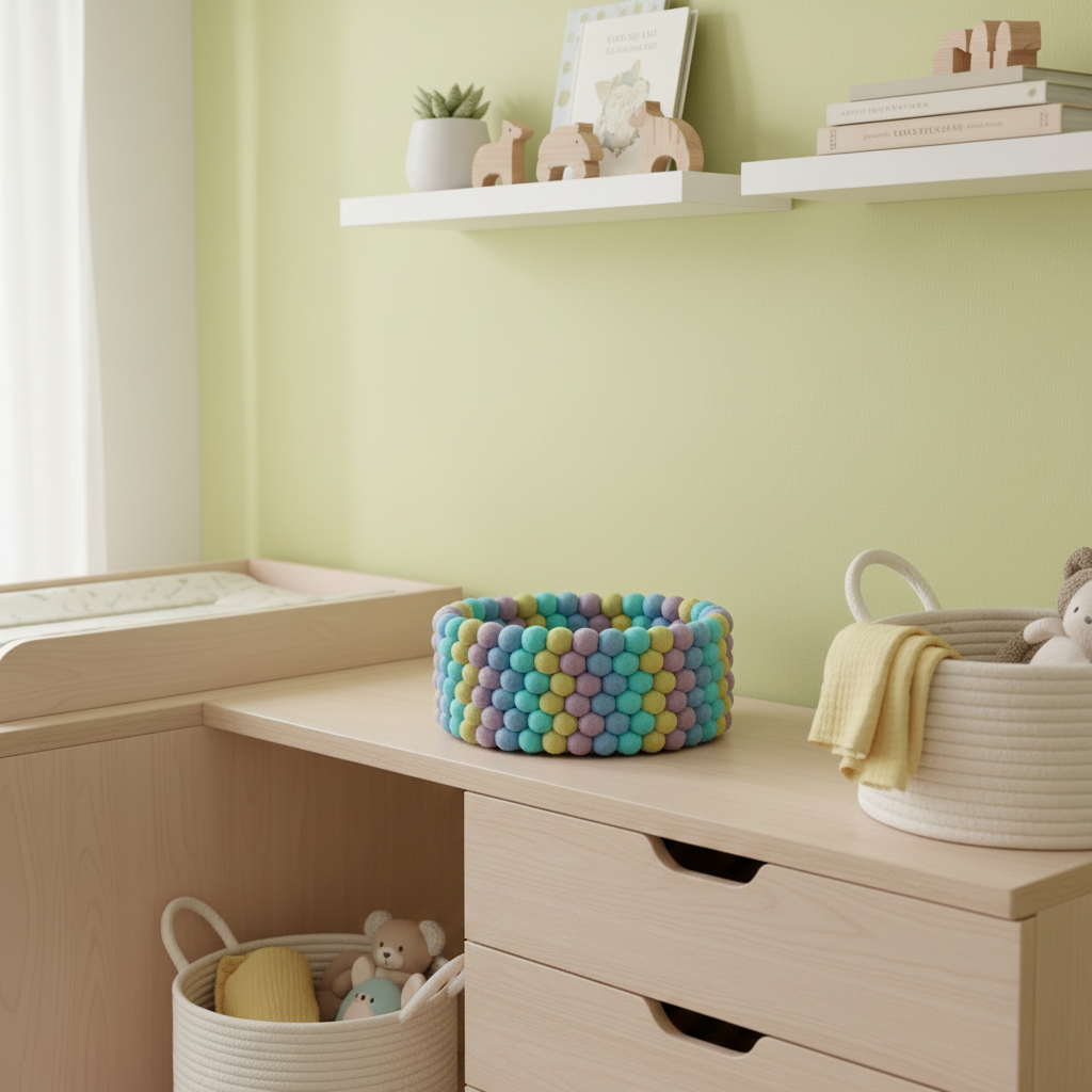 Panier en feutre Lagon Pastel sur une commode en bois clair dans une chambre bébé – CELAINEDECO