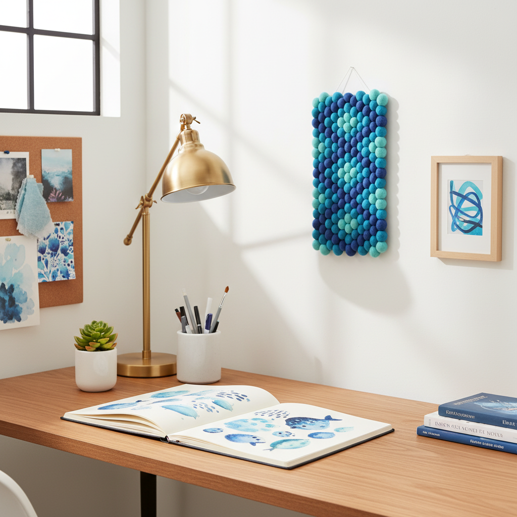Petite tapisserie murale tissée Abysses en bleu profond et teal, accrochée au-dessus d'un bureau en bois dans un atelier créatif avec lampe laiton et carnet aquarelle