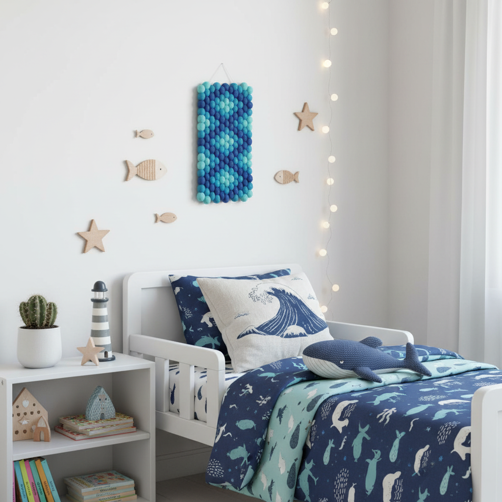 Tapisserie murale tissée Abysses en bleu marine et teal, petite pièce décorative accrochée dans une chambre enfant thème océan avec lit blanc et déco marine