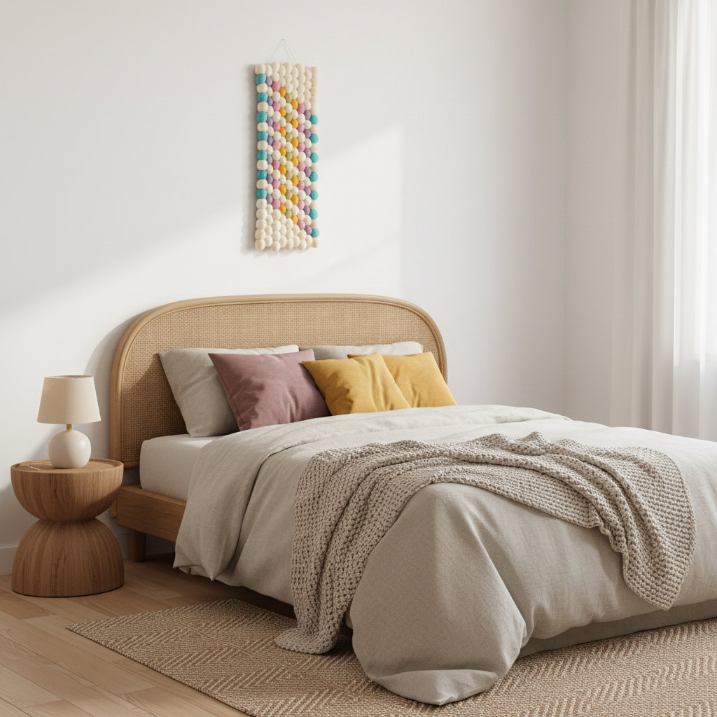 Tapisserie murale Aquarelle dans une chambre adulte bohème – tête de lit rotin, linge mauve et jaune – CELAINEDECO