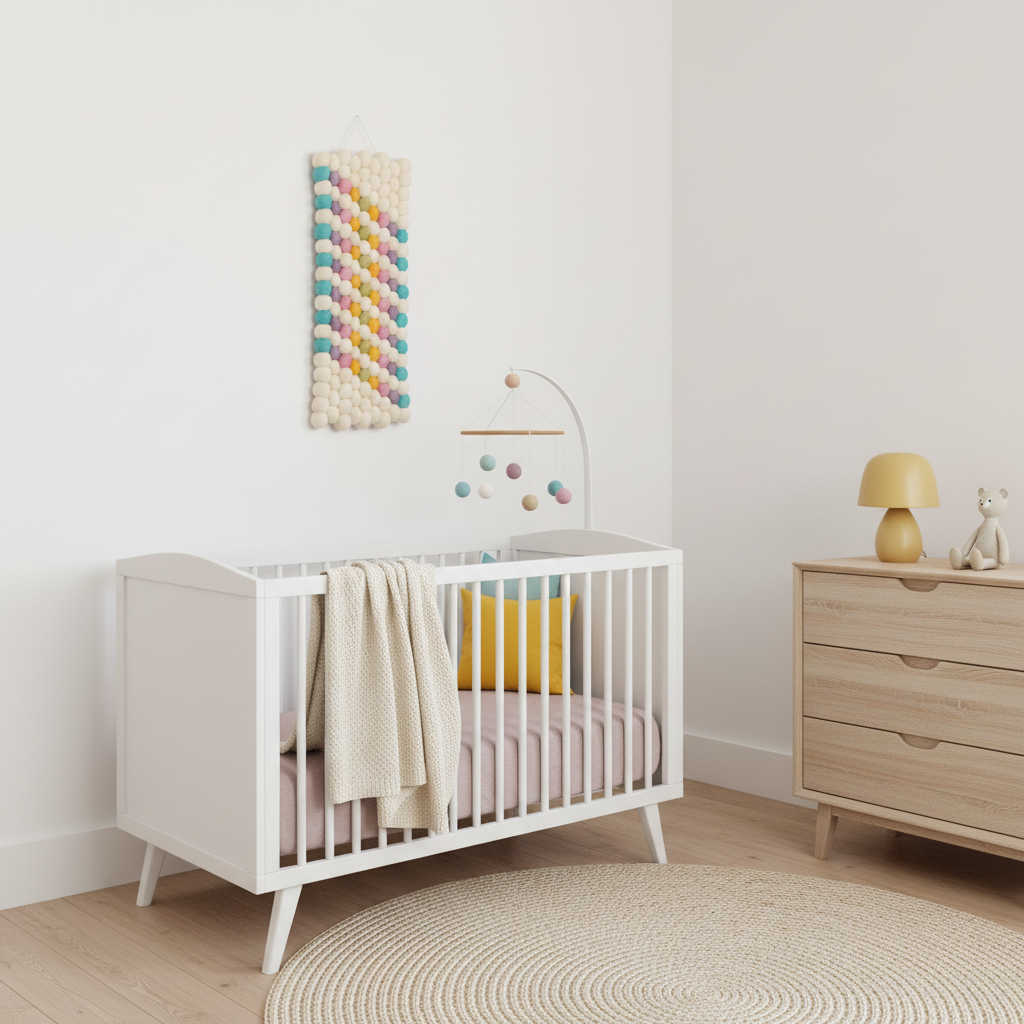 Tapisserie murale Aquarelle dans une chambre bébé scandinave – mobile en bois, linge pastel mauve et jaune – CELAINEDECO