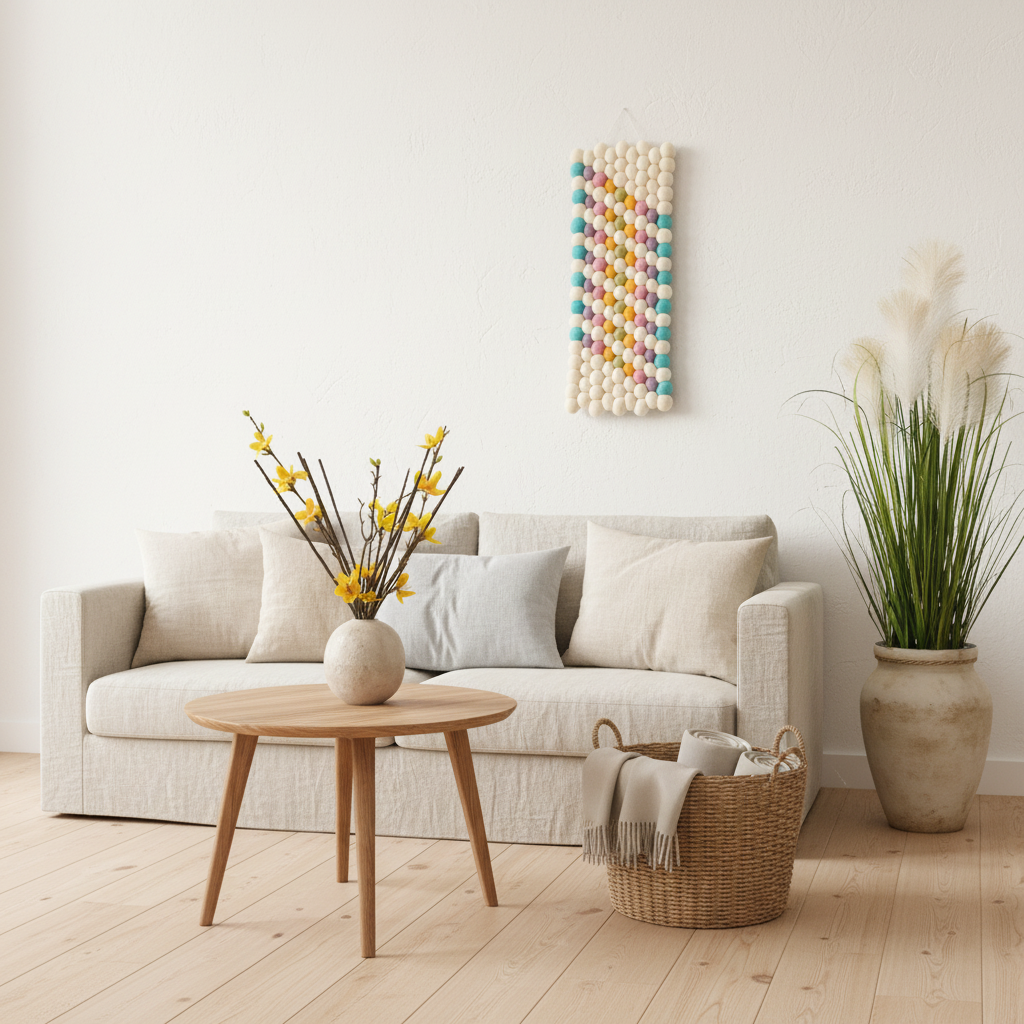 Tapisserie murale Aquarelle dans un salon scandinave – décoration murale textile artisanale – CELAINEDECO