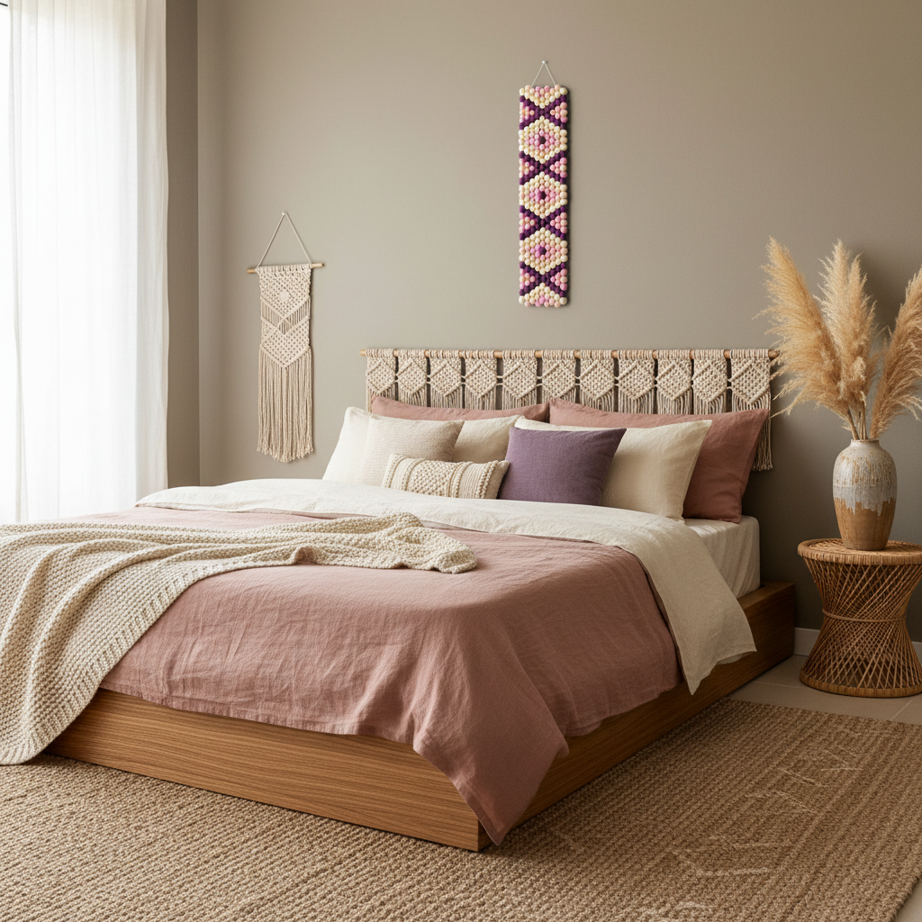 Tapisserie murale Bahia dans une chambre bohème – palette violine, rose dragée et blanc crème | CELAINEDECO
