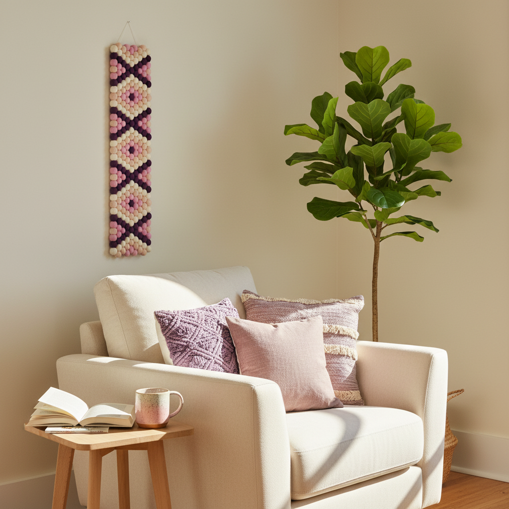 Tapisserie murale Bahia dans un coin lecture – vue 3/4, style bohème ethnique | CELAINEDECO