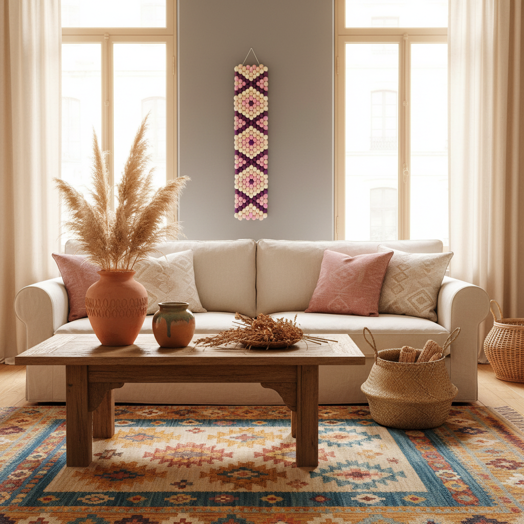 Tapisserie murale Bahia dans un salon ethnique ensoleillé – motif géométrique laine Mérinos | CELAINEDECO