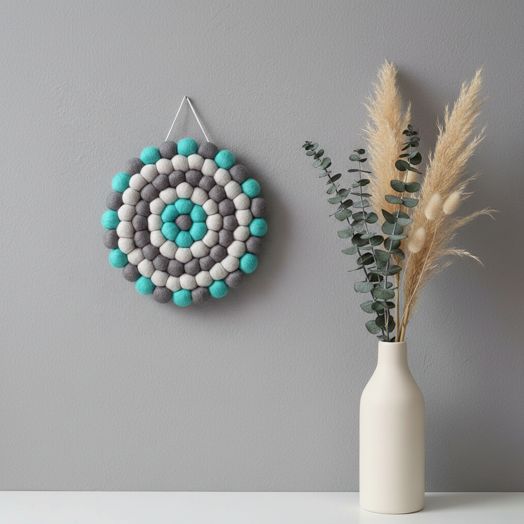 Tapisserie murale Brume Marine 20 cm en laine Mérinos, décoration murale artisanale sur mur gris avec vase fleurs séchées – CELAINEDECO