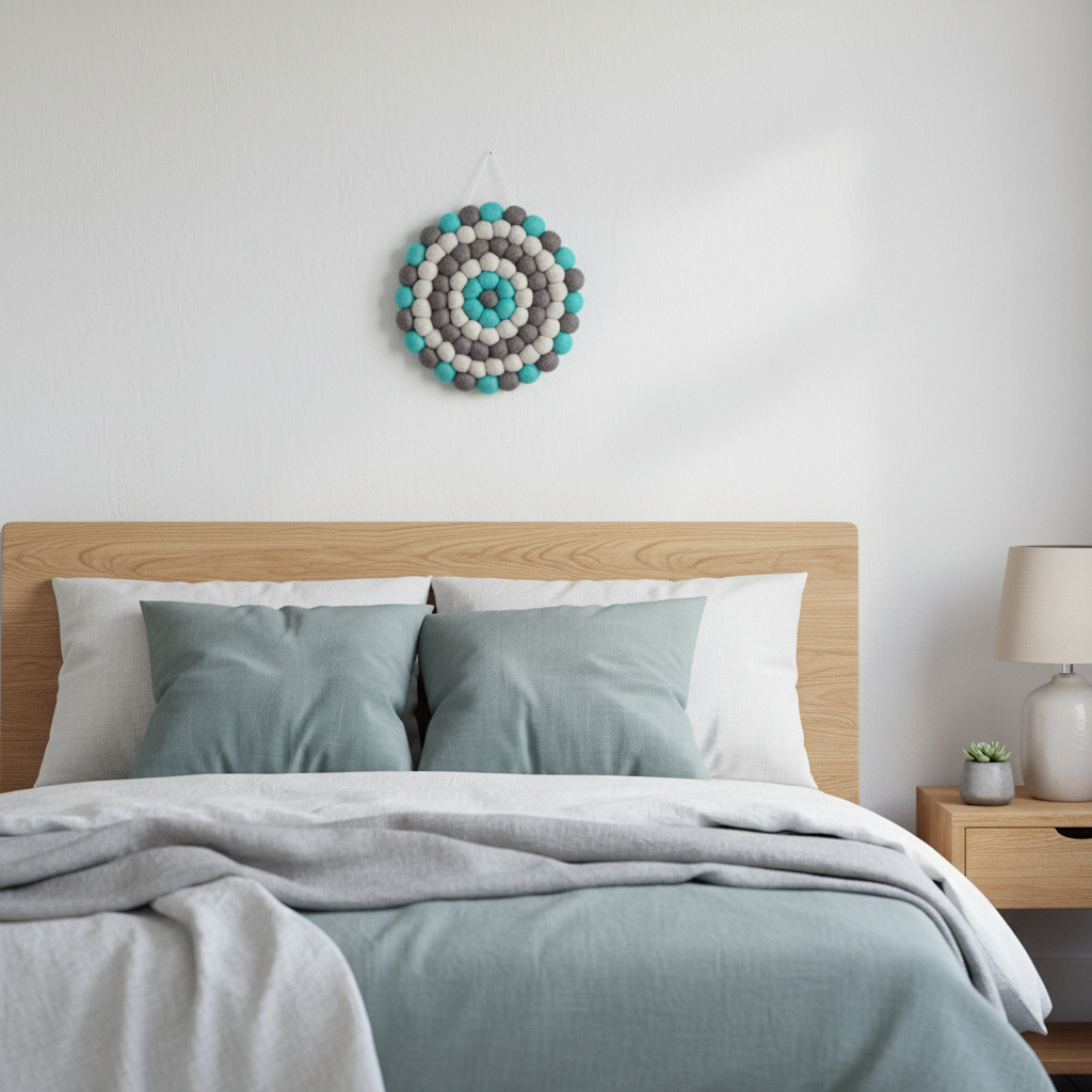 Tapisserie murale Brume Marine en laine Mérinos dans une chambre, décoration murale artisanale faite main France – CELAINEDECO