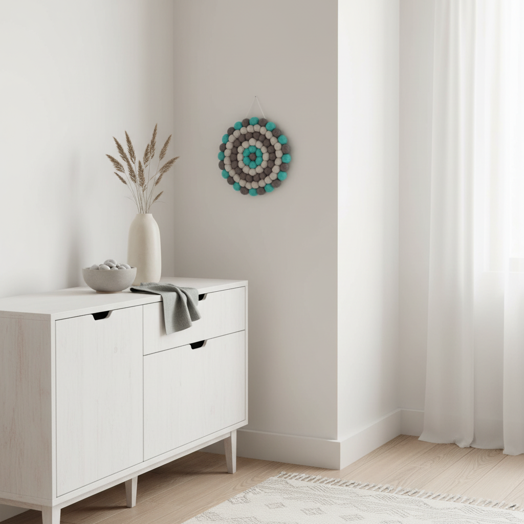 Tapisserie murale ronde 20 cm Brume Marine au-dessus d'une commode, mise en scène intérieur côtier – CELAINEDECO
