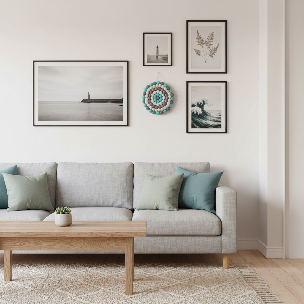 Tapisserie murale Brume Marine intégrée dans une composition murale gallery wall, décoration boho côtière – CELAINEDECO