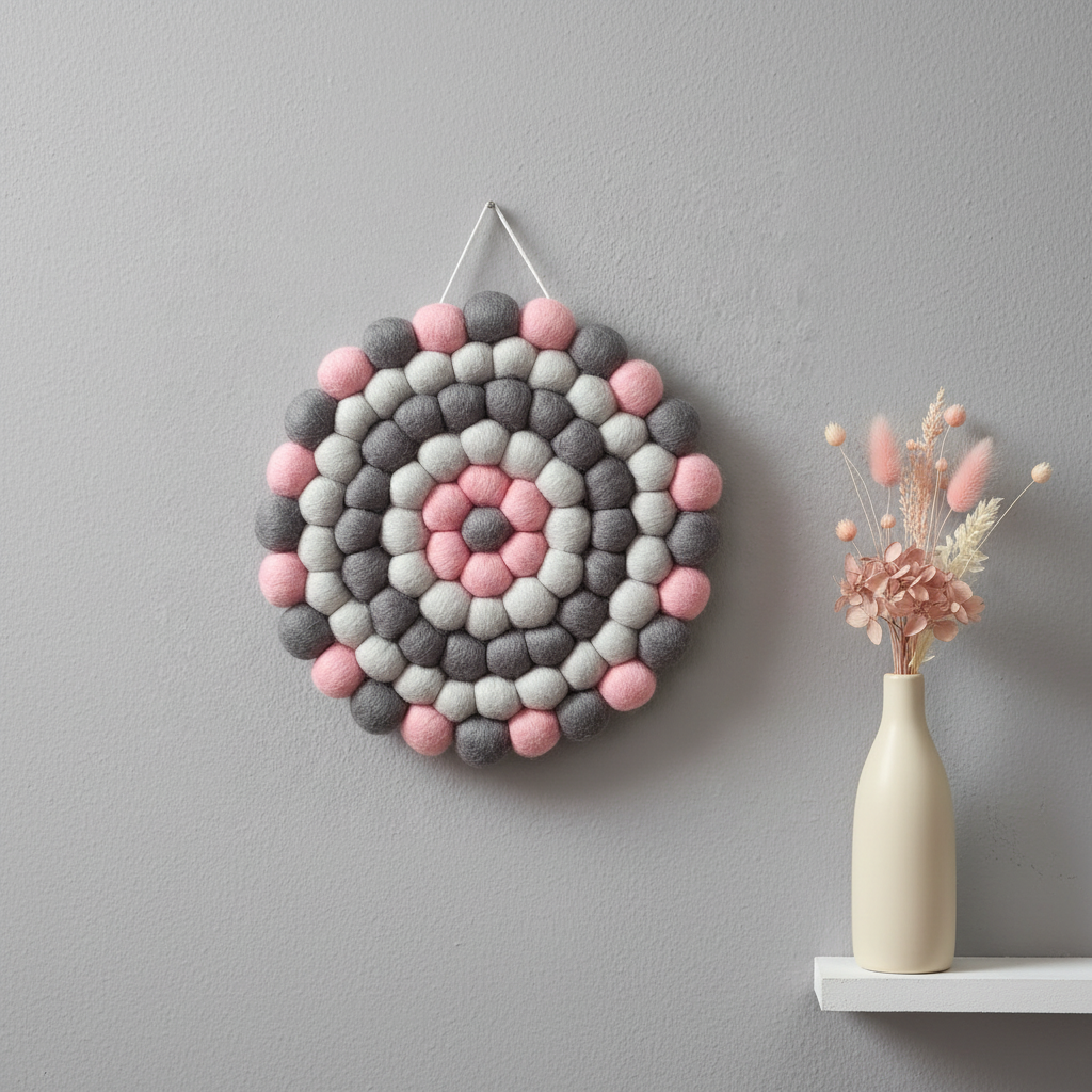 Tapisserie murale ronde Brume Rosée sur mur gris texturé avec vase de fleurs séchées rose pâle, vue rapprochée – CELAINEDECO