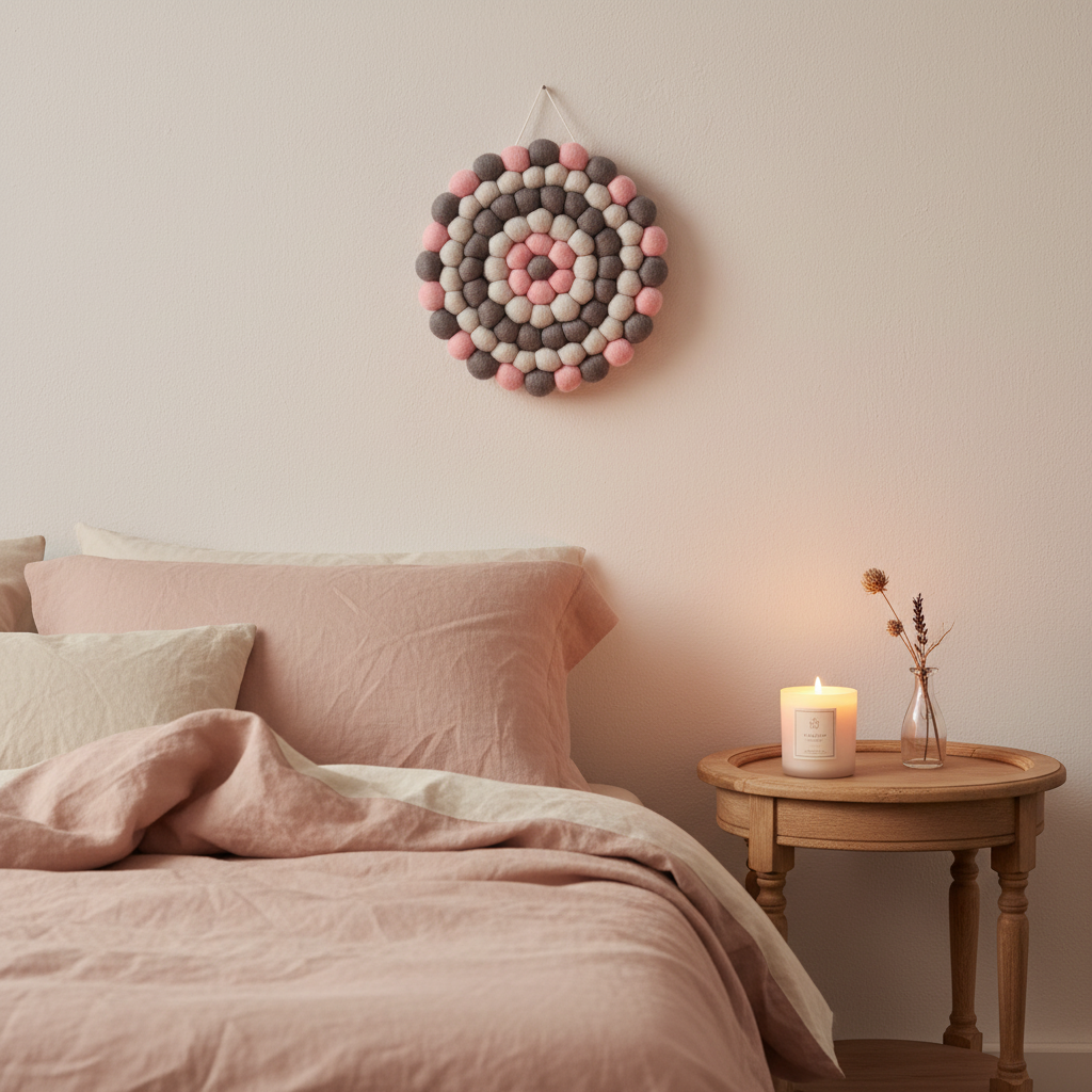 Tapisserie murale ronde Brume Rosée suspendue dans une chambre romantique au-dessus d'un lit en lin blush et ivoire, ambiance douce et intimiste – CELAINEDECO