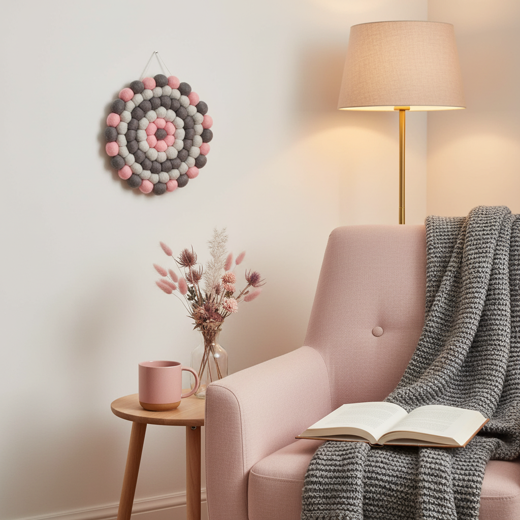Tapisserie murale ronde Brume Rosée dans un coin lecture cosy avec fauteuil en lin blush, plaid gris fumé et fleurs séchées, vue 3/4 – CELAINEDECO