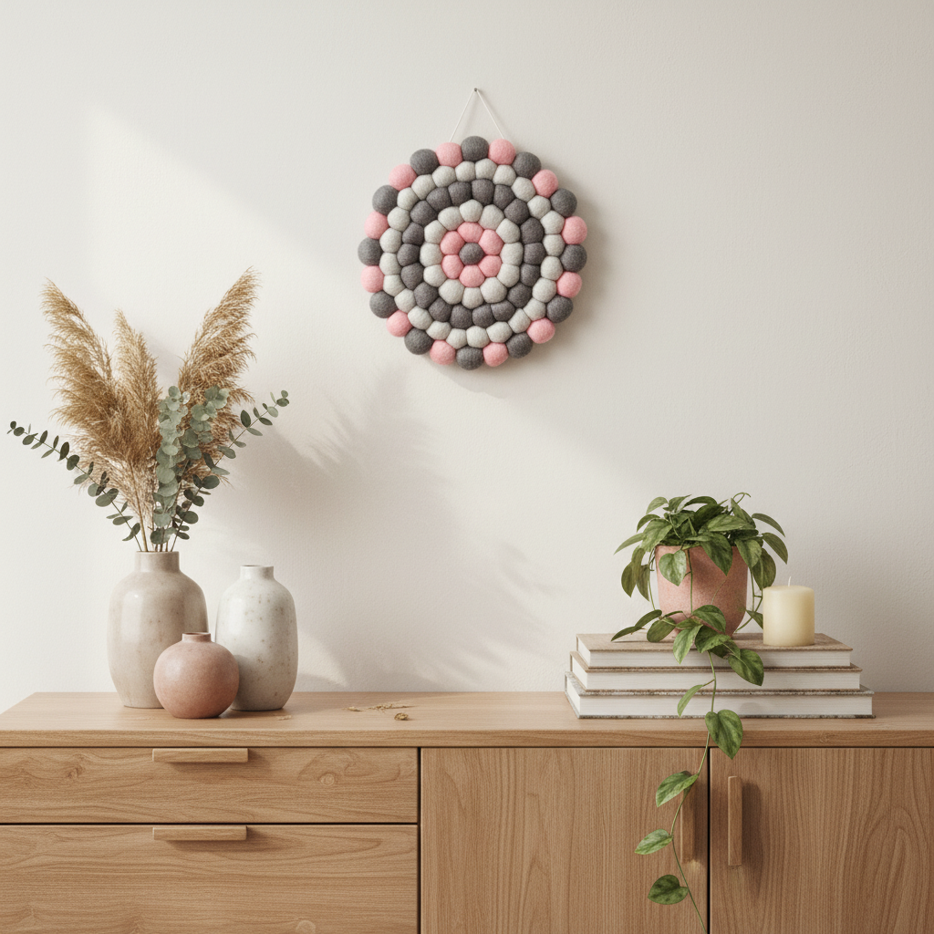 Tapisserie murale ronde Brume Rosée 20 cm au-dessus d'un buffet en chêne clair avec vase blush et herbe de pampa, salon scandinave-boho – CELAINEDECO