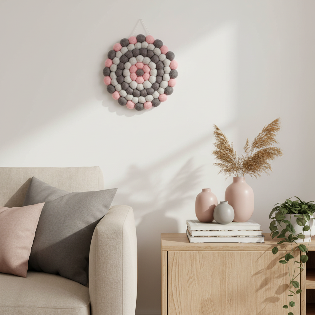Tapisserie murale ronde Brume Rosée 20 cm dans un salon boho-scandinave avec canapé en lin – CELAINEDECO
