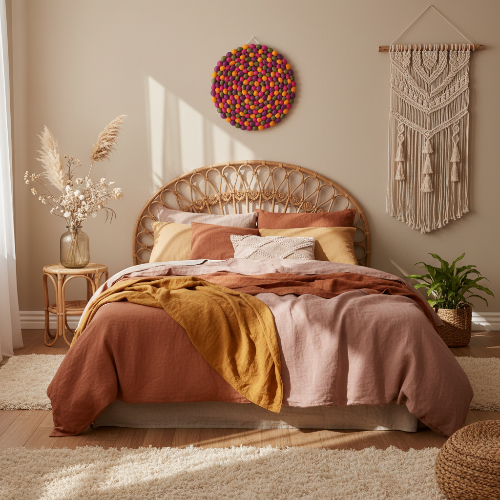 Tapisserie murale Dahlia dans une chambre bohème – literie terracotta et ocre, tête de lit en rotin – décoration murale artisanale