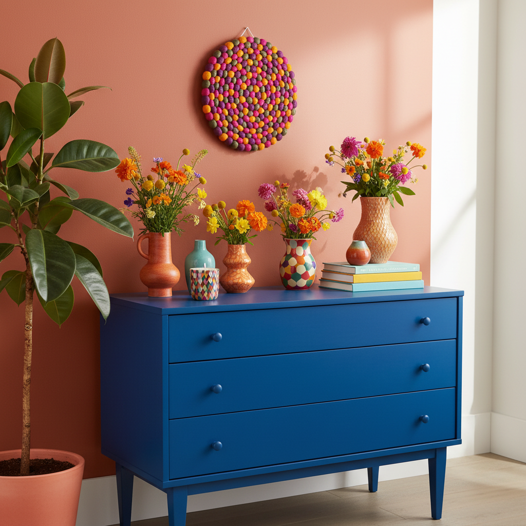 Tapisserie murale Dahlia au-dessus d'une commode bleu cobalt – intérieur coloré et vivant – décoration murale en laine feutrée faite main