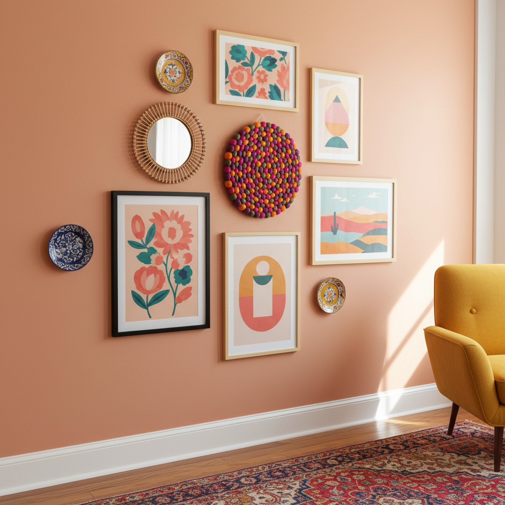 Tapisserie Dahlia dans un mur galerie coloré – fauteuil moutarde, tapis persan vintage, cadres teal et corail – intérieur bohème éclectique