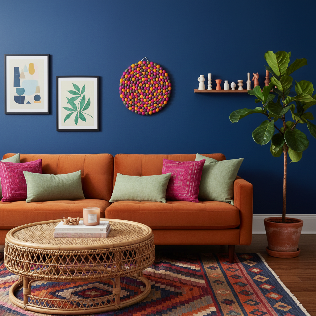 Tapisserie Dahlia dans un salon éclectique – mur bleu saphir, étagère murale et cadres colorés – décoration murale bohème colorée