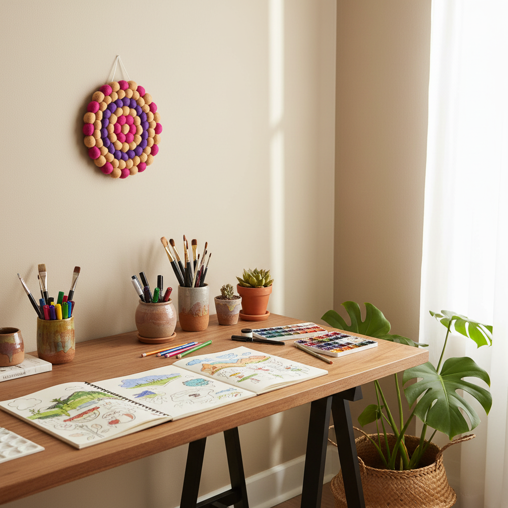 Tapisserie ronde Electra en pompons Mérinos dans un bureau en lumière naturelle – Accent déco beige et violet