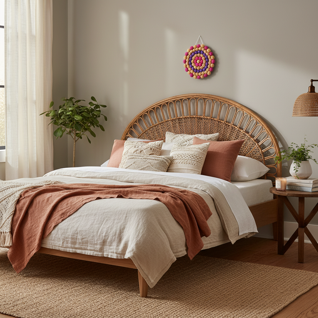 Tapisserie murale Electra dans une chambre bohème – Tissage rond Ø 20 cm en laine Mérinos violet électrique et rose fuchsia