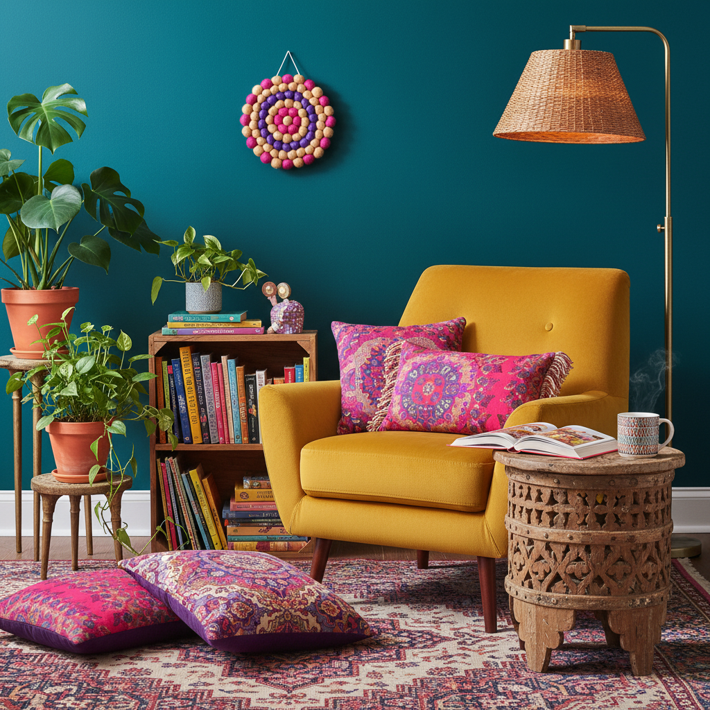 Tapisserie ronde Electra en pompons dans un coin lecture boho – Décoration murale artisanale beige, violet et fuchsia