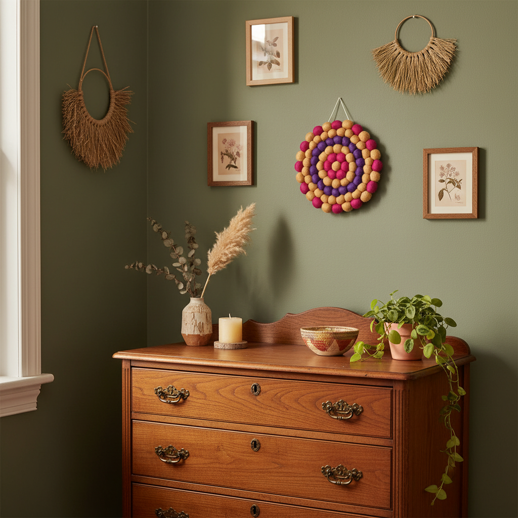 Tapisserie murale Electra suspensue au-dessus d'une commode sur un mur vert sauge – Décoration bohème violet et fuchsia