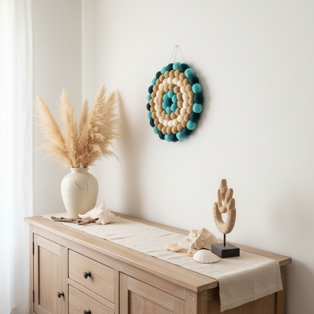 Tapisserie Murale Embruns suspendue au-dessus d'une commode déco style bord de mer
