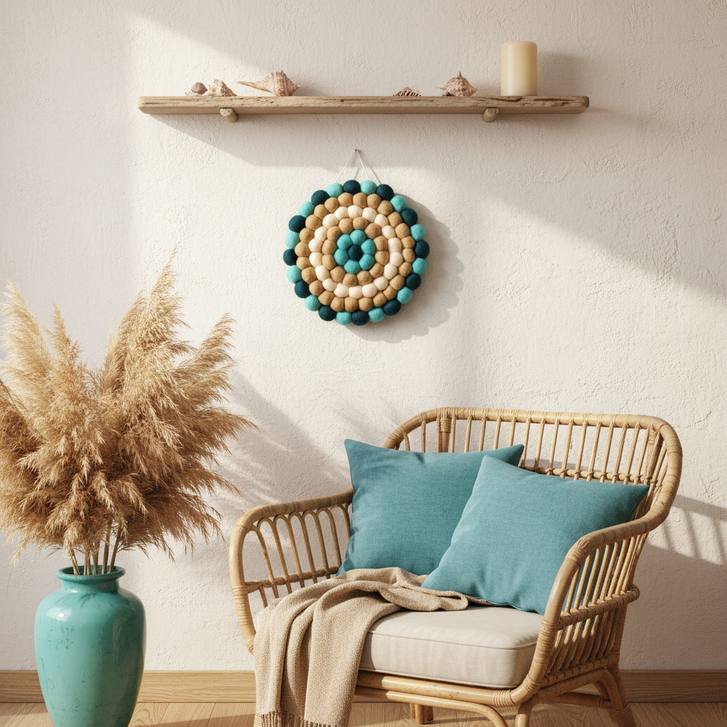 Tapisserie Embruns dans un salon naturel et turquoise