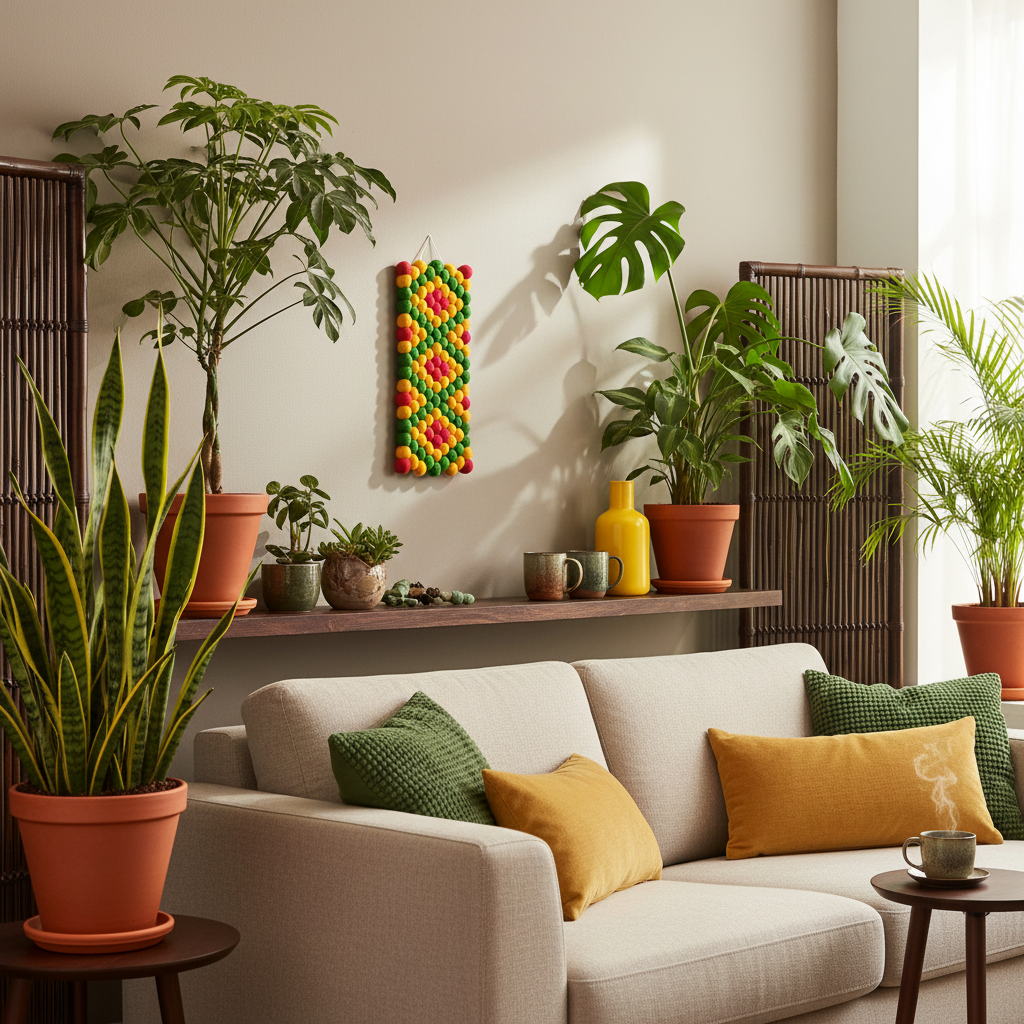 Tapisserie murale Fiesta – Salon jungle urbaine lumineuse, association plantes et couleurs vives
