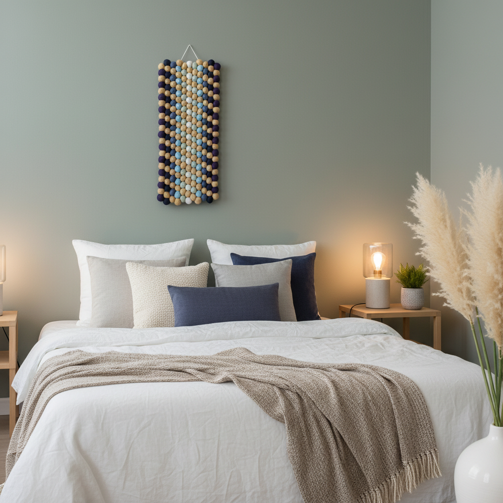 Tapisserie murale Fjord sur mur vert sauge, style côtier et minimaliste, laine Mérinos faite main en France – CELAINEDECO