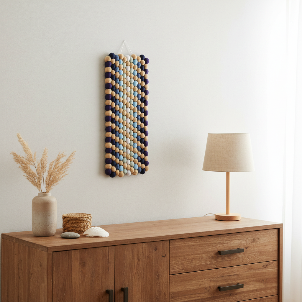 Tapisserie murale Fjord au-dessus d'une commode, inspiration côtière et scandinave, décoration artisanale – CELAINEDECO