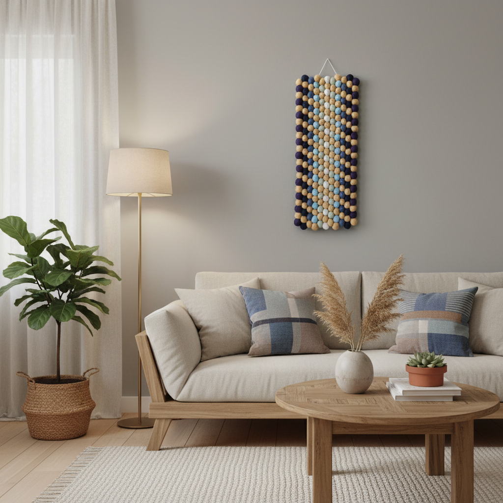 Tapisserie murale Fjord dans un salon boho scandinave, décoration murale rayures diagonales bleu et céladon – CELAINEDECO