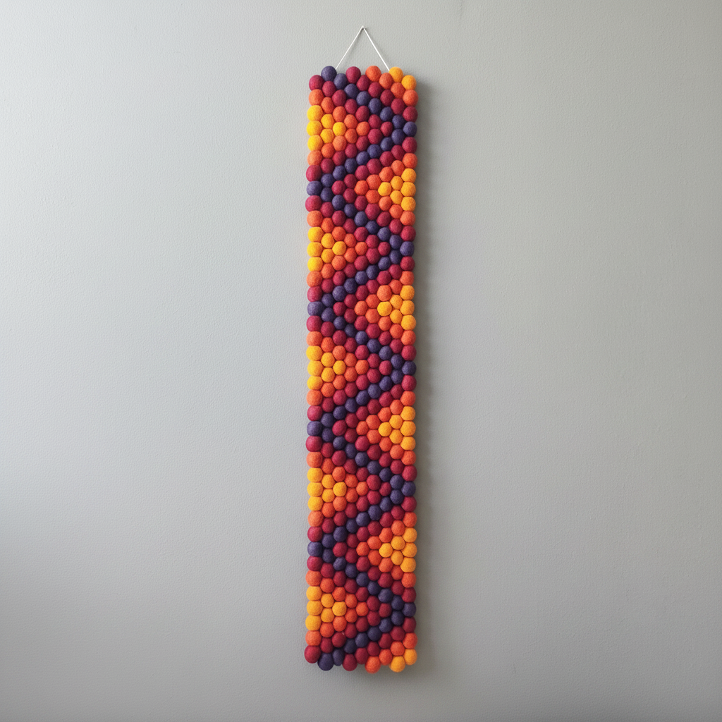 Tapisserie murale Ipanema en pompons de feutre multicolores – orange mandarine, jaune tournesol, bordeaux et violet myrtille – sur fond gris