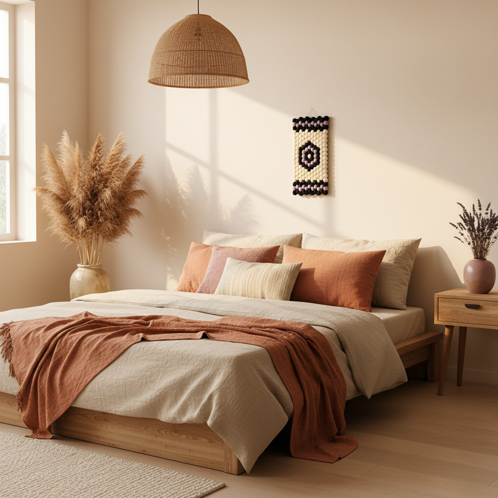 Tapisserie murale Kilim dans une chambre bohème – laine Mérinos noir mauve blanc crème – CELAINEDECO
