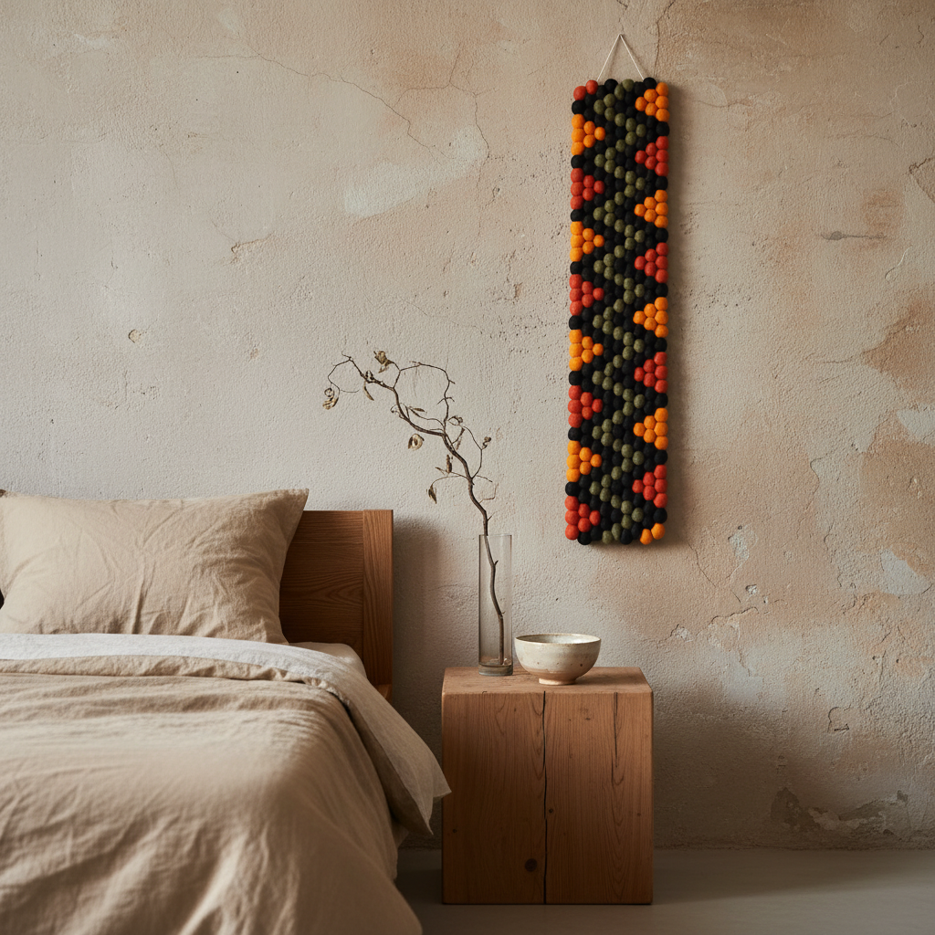 Tapisserie murale Masaï dans une chambre wabi-sabi – décoration textile artisanale tons terre et feu – CELAINEDECO