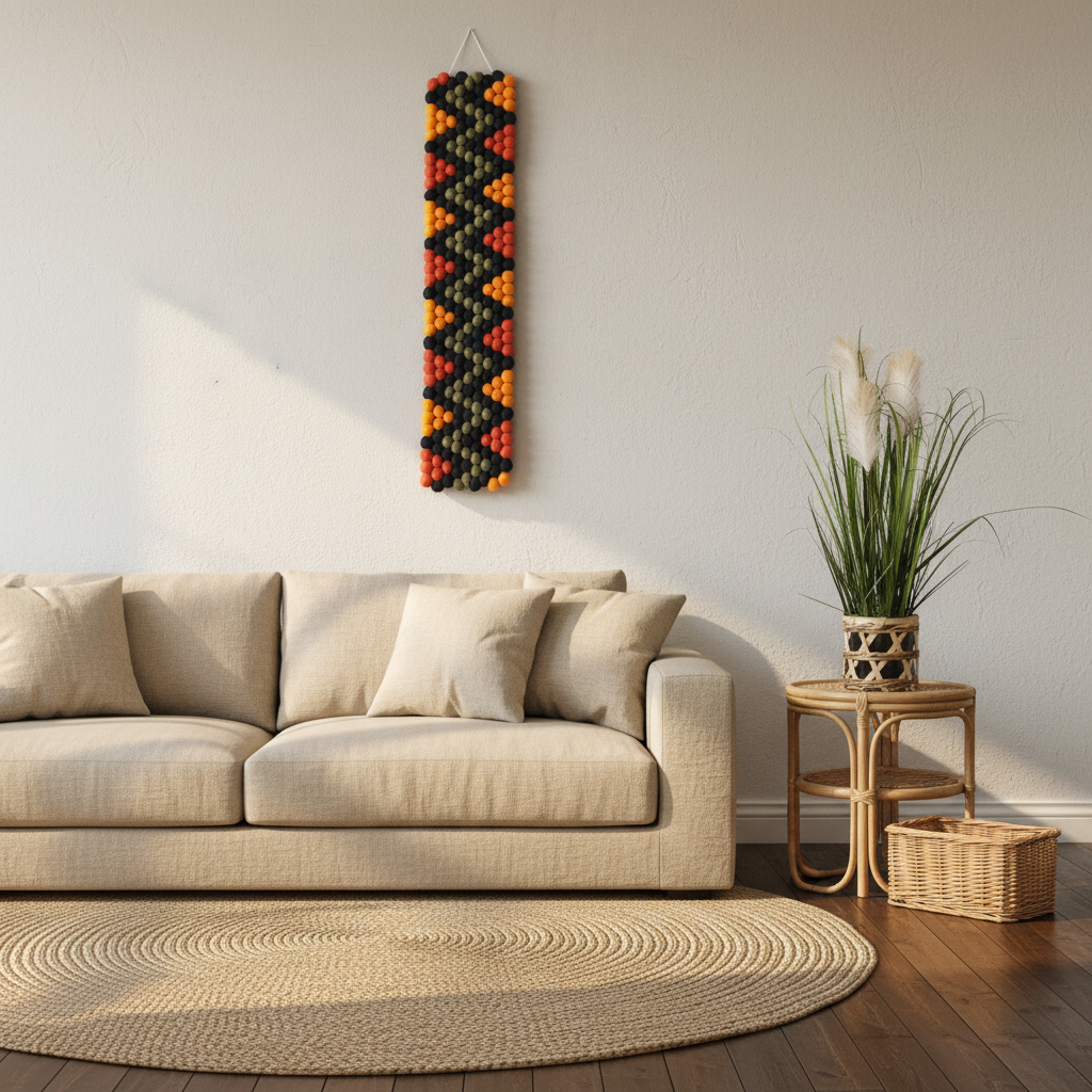 Tapisserie murale Masaï dans un salon – ambiance ethnique chaleureuse orange et vert olive – CELAINEDECO
