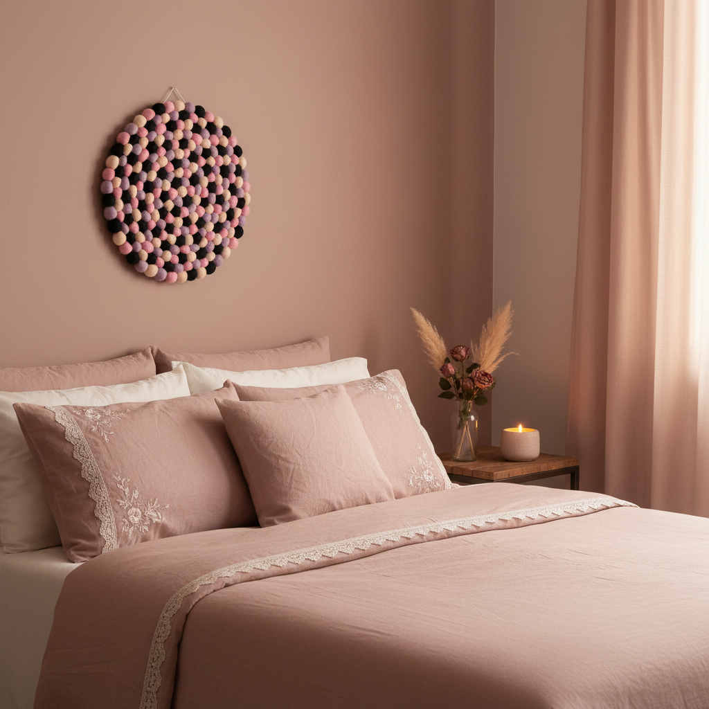 Tapisserie Minuit Poudré dans une chambre romantique rose poudré – décoration murale ronde laine Mérinos – style bohème doux – CELAINEDECO