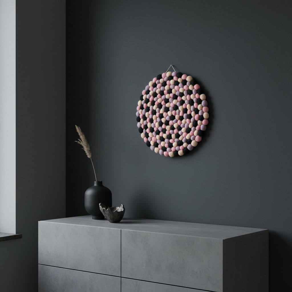 Tapisserie Minuit Poudré ambiance contemporaine sombre avec commode béton – vue 3/4 – pompons laine Mérinos mauve et rose dragée – CELAINEDECO
