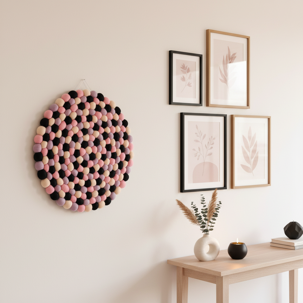 Tapisserie Minuit Poudré dans une entrée avec cadres – décoration murale ronde romantique gris et rose – CELAINEDECO