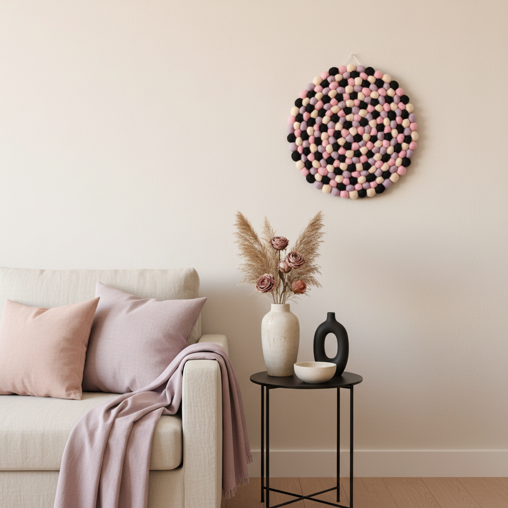 Tapisserie Minuit Poudré dans un salon contemporain aux teintes assorties – pois mauve et rose dragée sur fond noir – décoration murale fait main – CELAINEDECO