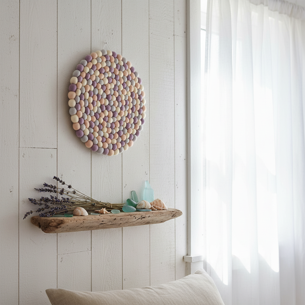 Tapisserie murale Nacre dans un intérieur bord de mer – décoration ronde en laine Mérinos, tons nacrés blanc crème, gris perle et mauve