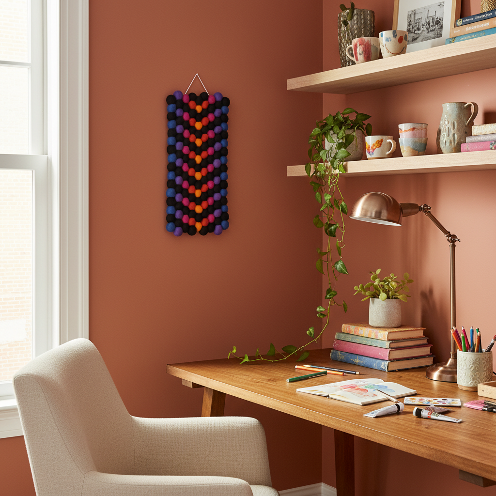 Tapisserie Quetzal dans un bureau créatif terracotta – accent mural coloré en laine Mérinos