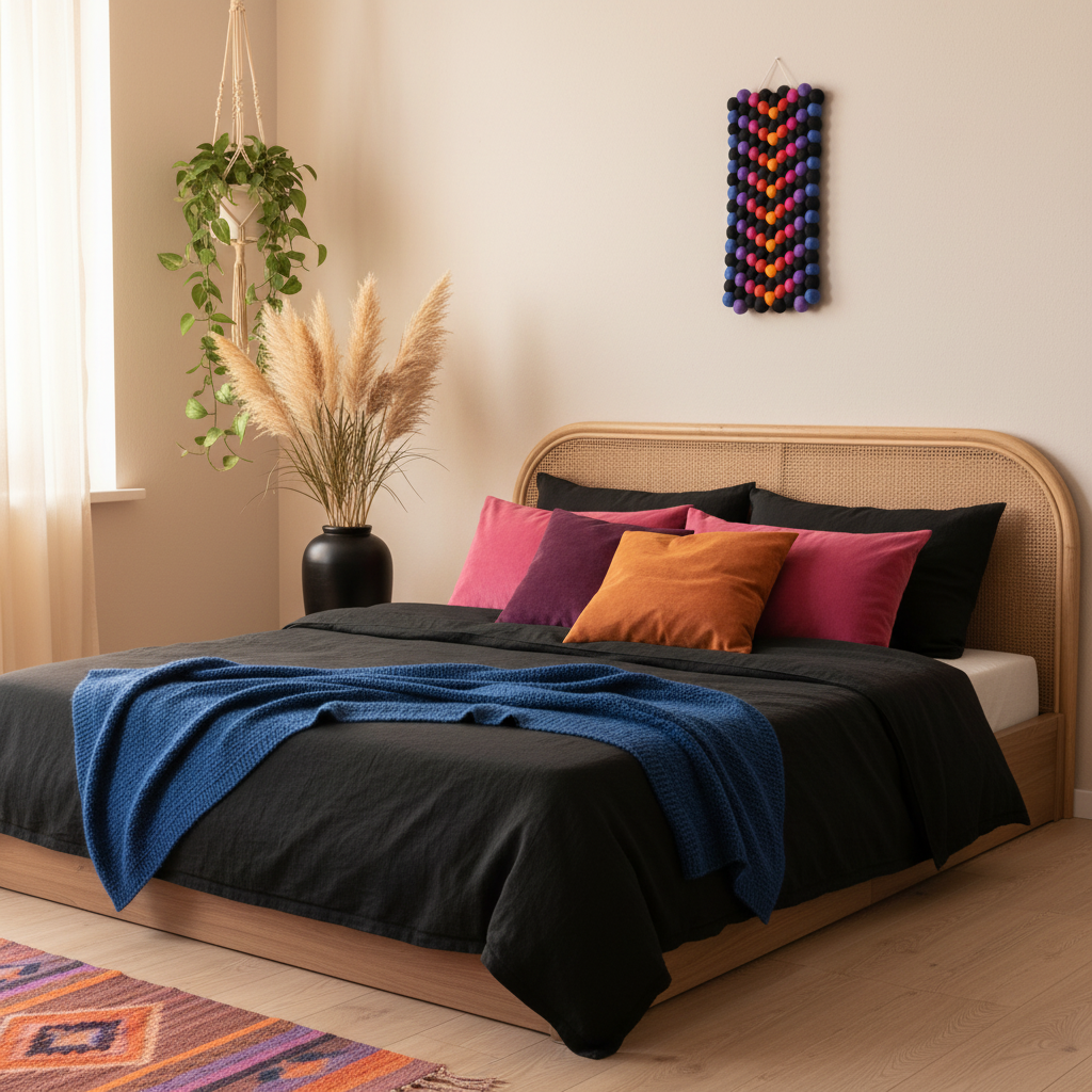Tapisserie murale Quetzal dans une chambre bohème aux couleurs assorties – décoration textile fait main
