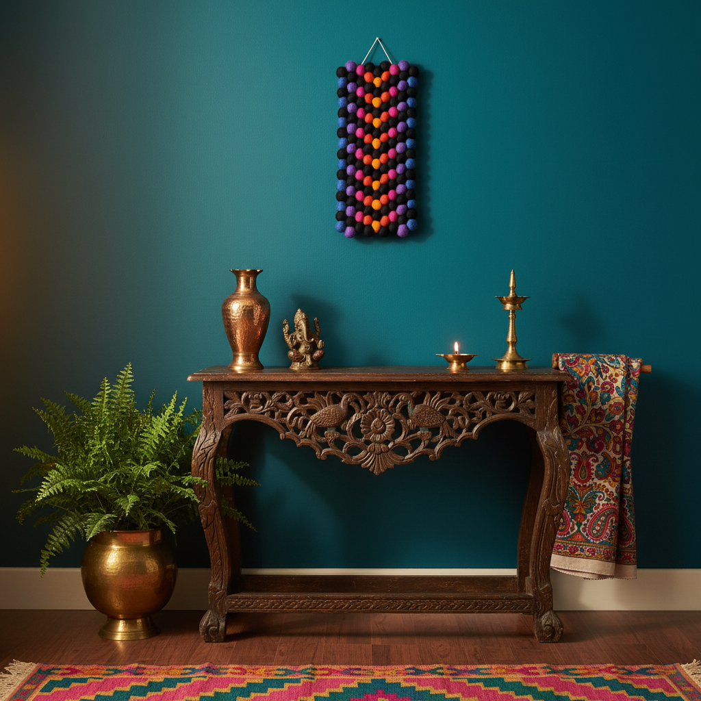 Tapisserie Quetzal dans une entrée style indien – œuvre textile artisanale dégradé spectral