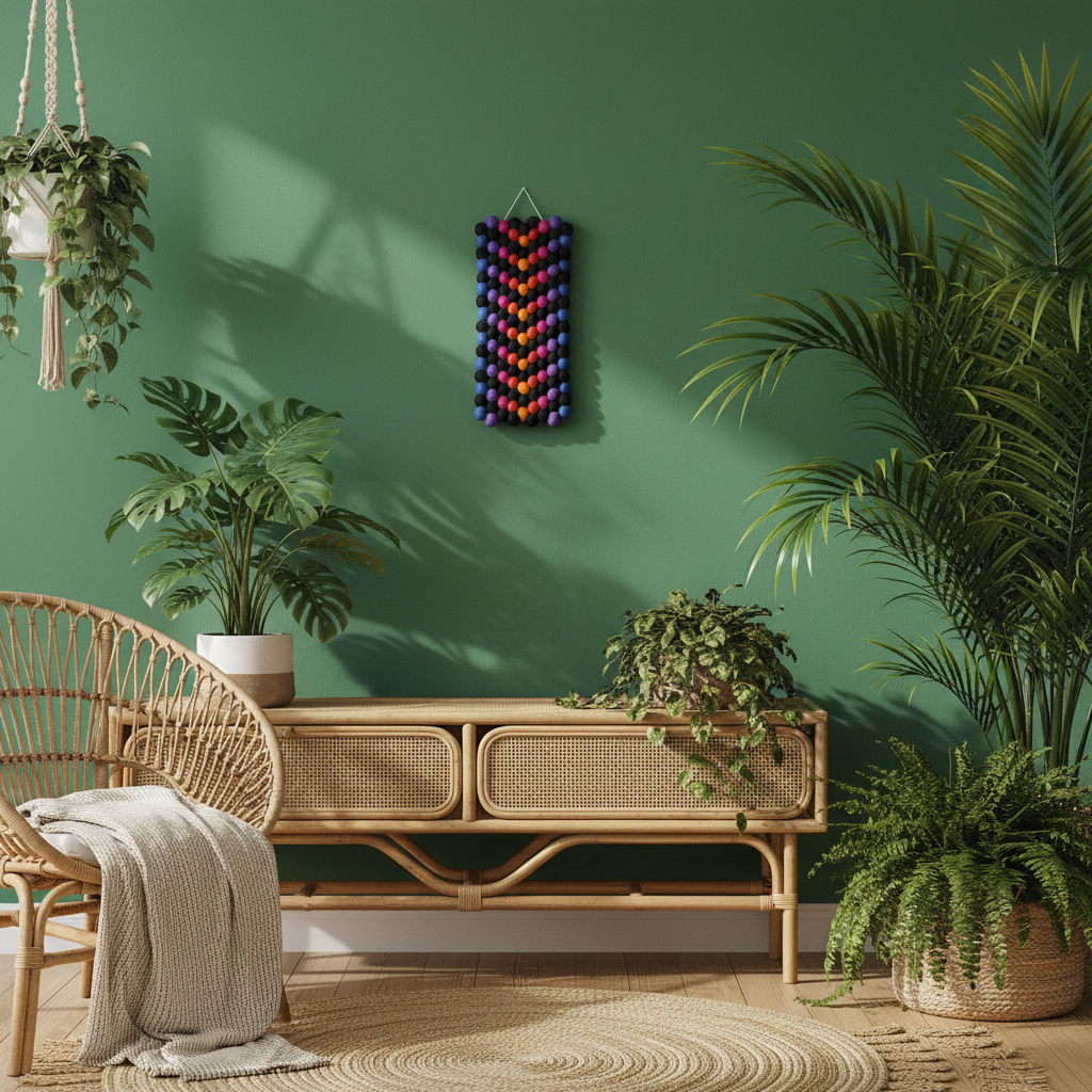 Tapisserie Quetzal dans un salon tropical – pièce décorative murale chevrons multicolores