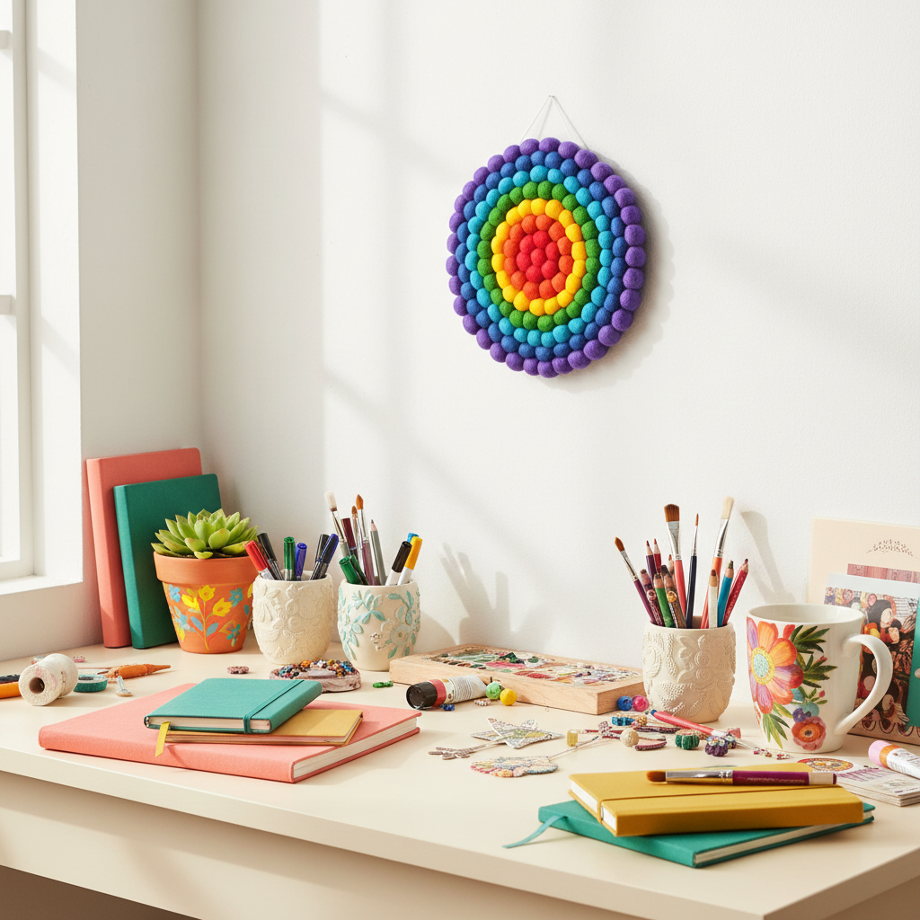 Tapisserie murale Ronde Arc-en-Ciel – Mise en scène dans un bureau créatif, décoration murale ronde colorée