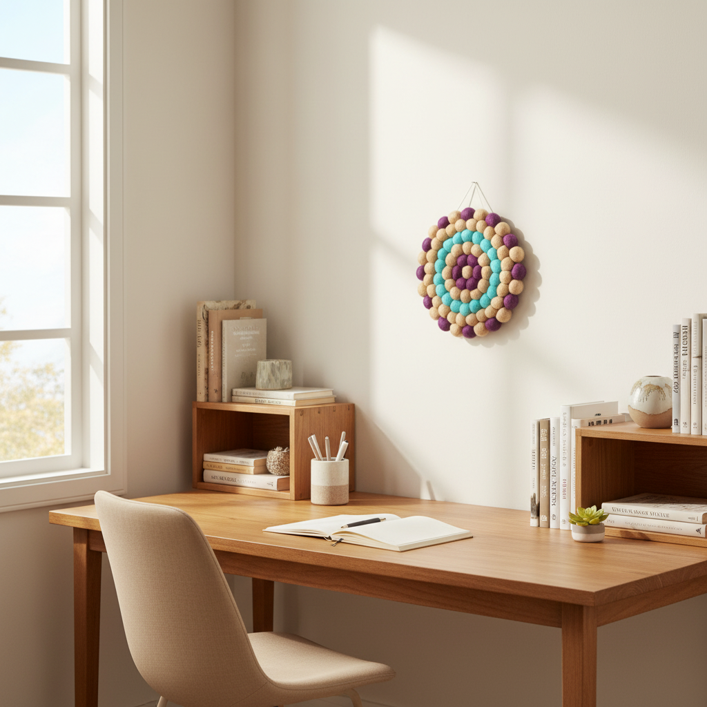 Tapisserie Solstice dans un bureau home office – lumière naturelle douce, ambiance cosy – CELAINEDECO