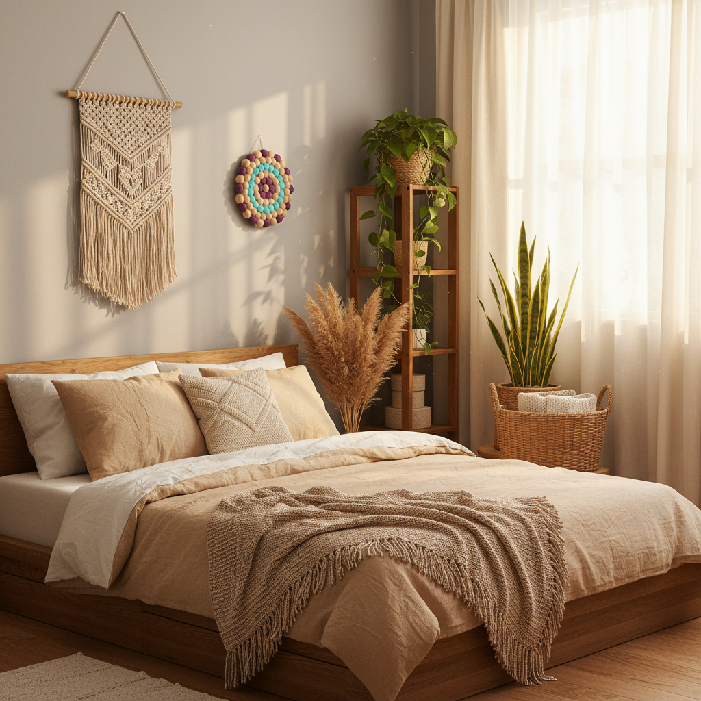 Tapisserie Solstice mise en scène dans une chambre boho nature – literie mixte, teintes sable et beige – CELAINEDECO