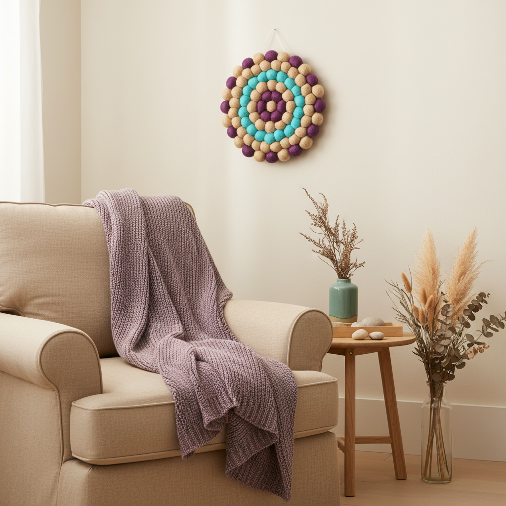 Tapisserie murale Solstice dans un coin lecture nature – fauteuil lin, touches violine et turquoise – CELAINEDECO